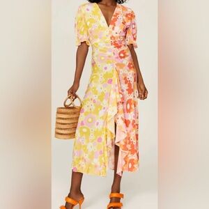Rixo Ariel Colorblock Maxi Floral Ruched Dress in Yellow, Orange, & Pink: Size M